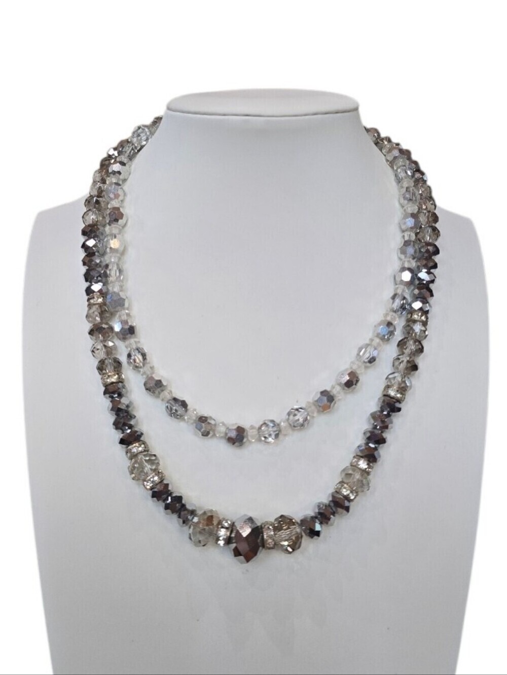 Czech Smokey Gray Clear Faceted Crystal Bead Vintage Necklaces 2 Pieces